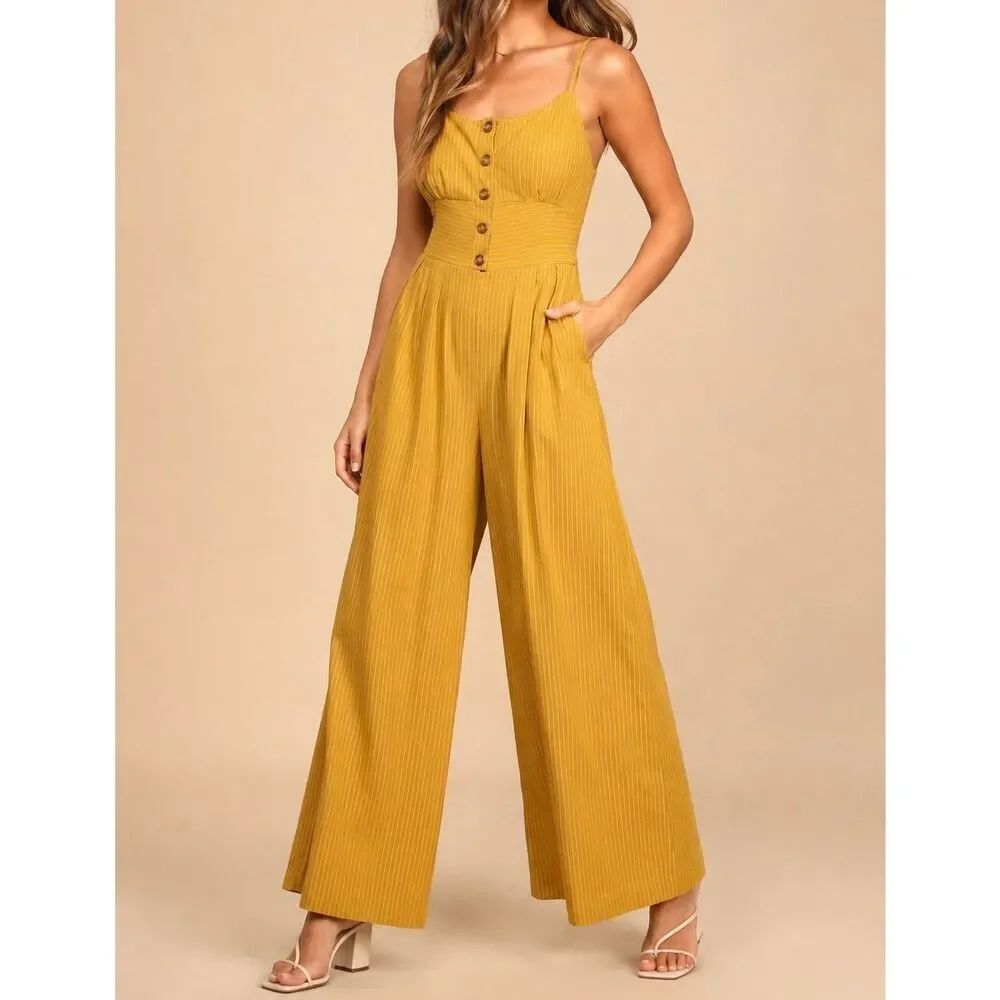 Lulus Mustard Stripe Wide Leg Jumpsuit XS Boho Button Front Romper